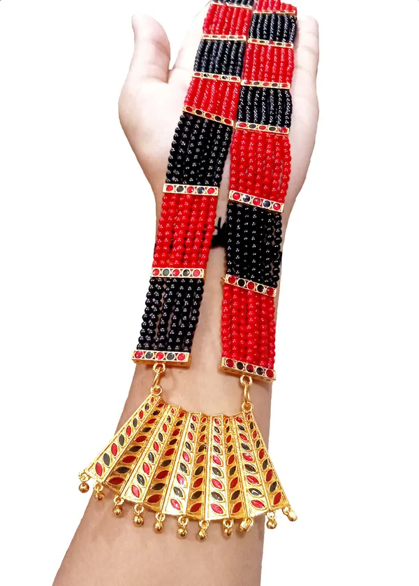 Assamese_Traditional_Gold_Plated_Red_Black_Colour_Tassel_Jewellery_Set_For_Women